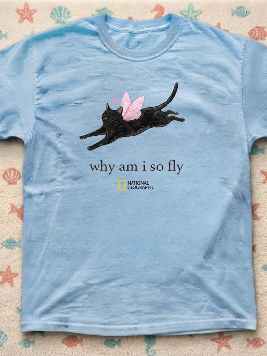 Gildan Tops - National Geographic 'Why Am I So Fly' Black Cat Tee - Light Blue